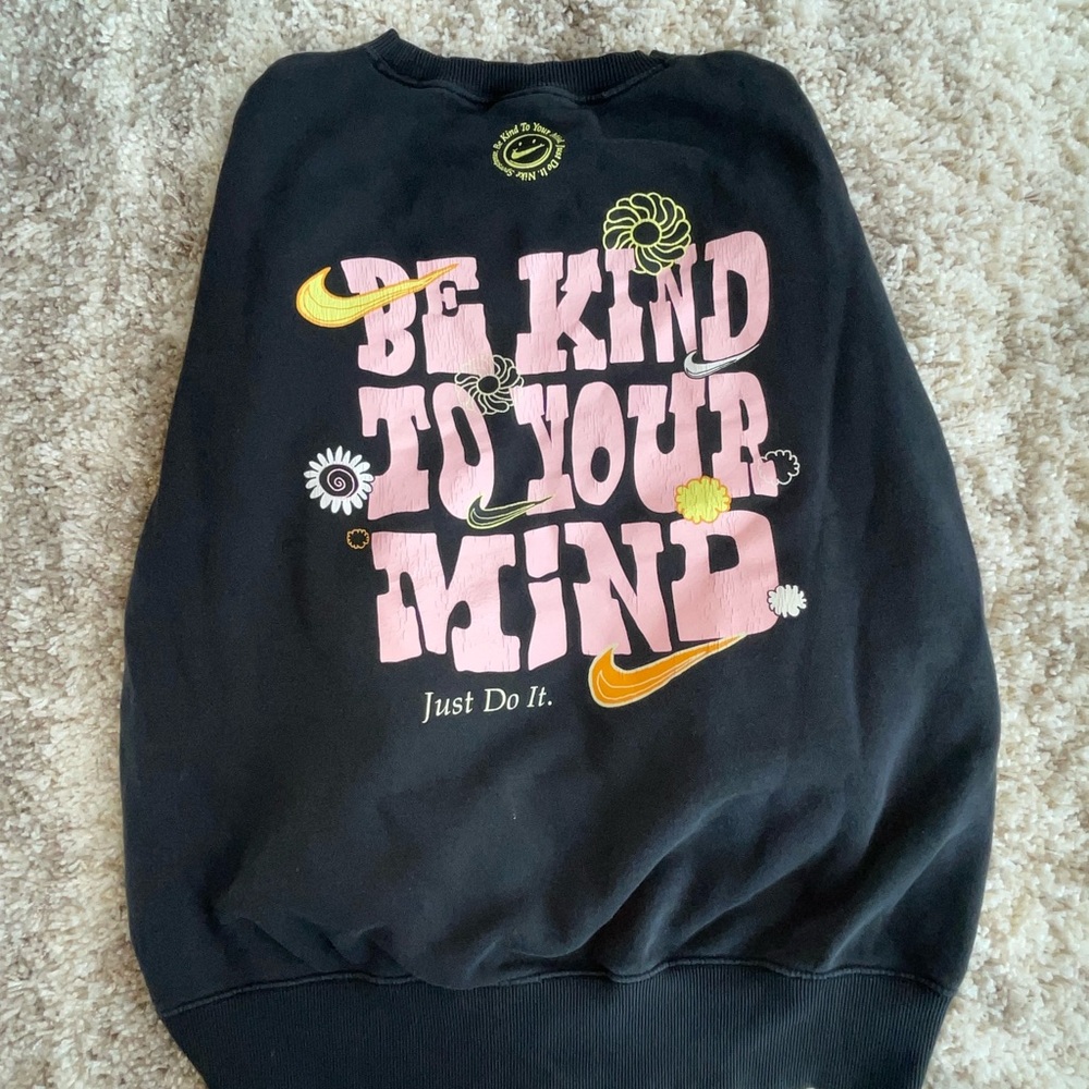 Nike BE KIND TO YOUR MIND Black Sweatshirt with Pink & Yellow Graphic